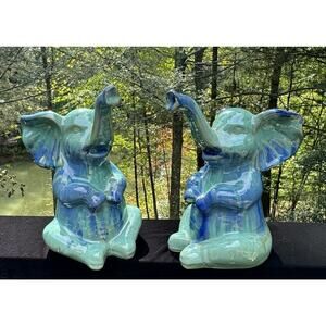 2 APROPOS Elephant Art Pottery Figurines Ceramic Blue to White 10" Nice!